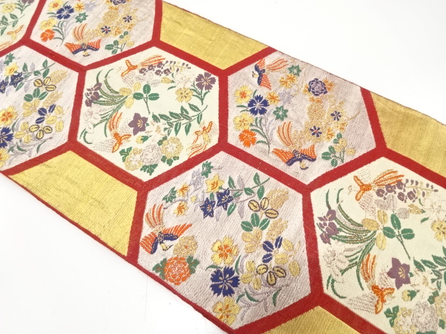 アンティーク　亀甲に鳳凰・秋草模様織り出し袋帯（着用可）